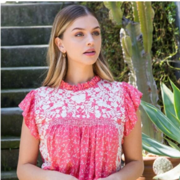 Claudine Pink Printed Embroidered THML Top - Size SMALL - Picture 1 of 9